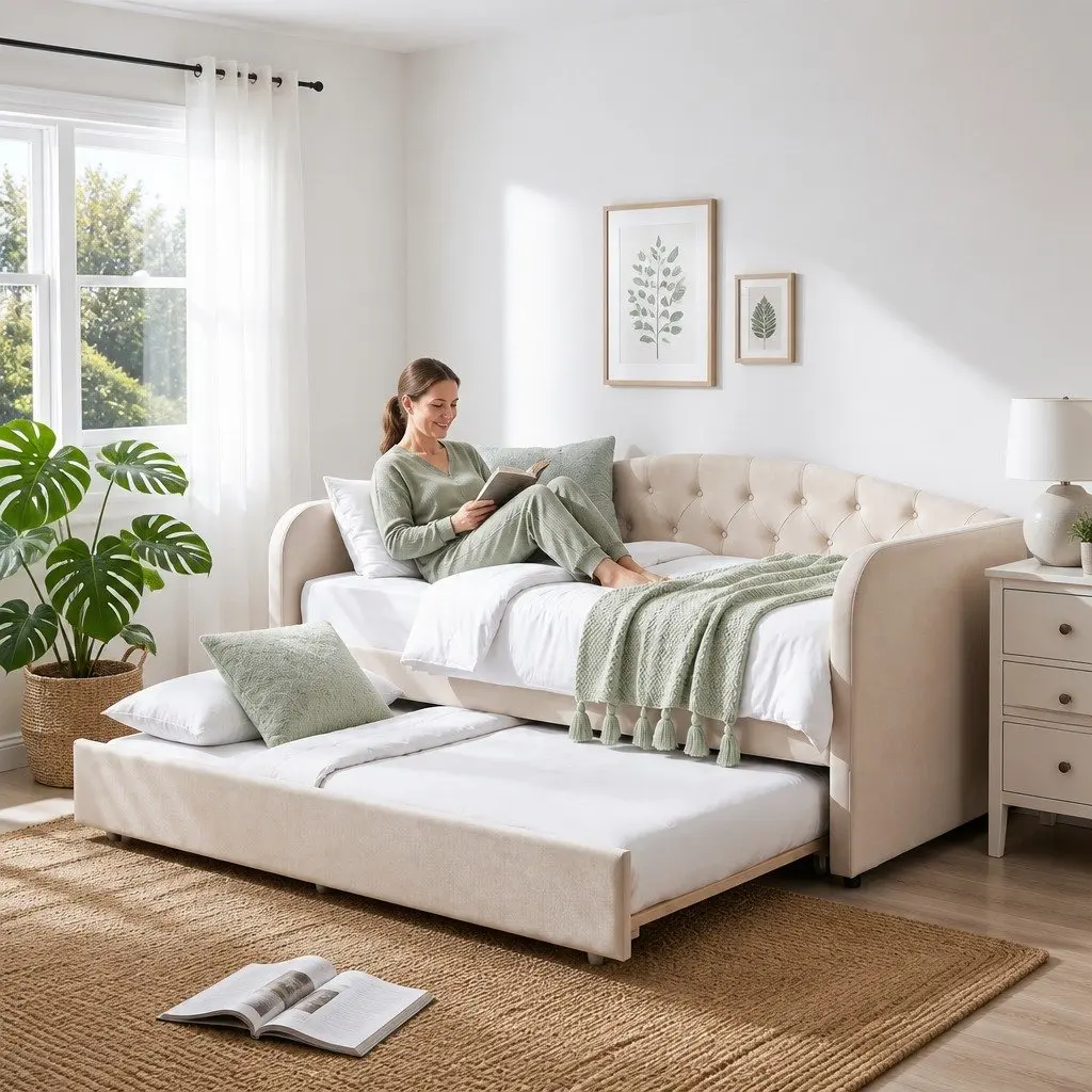 Daybed with Pull-Out Trundle Bed Frame in White