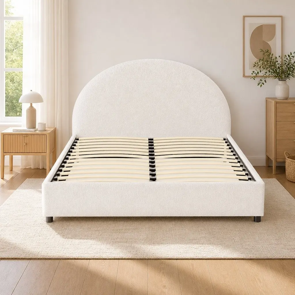 Double Bed Frame Boucle Fabric Beige Gas Lift Storage with Padded Headboard