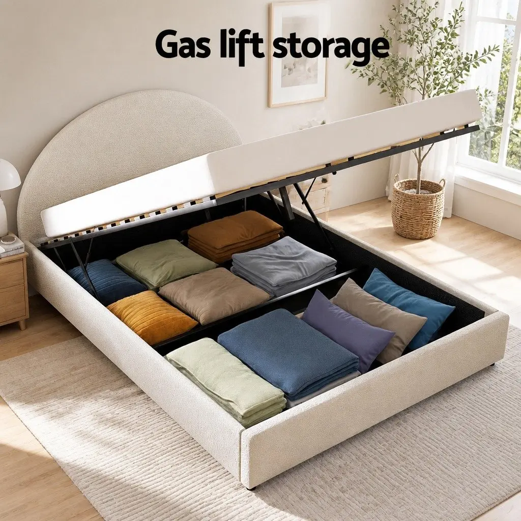 Double Bed Frame Boucle Fabric Beige Gas Lift Storage with Padded Headboard