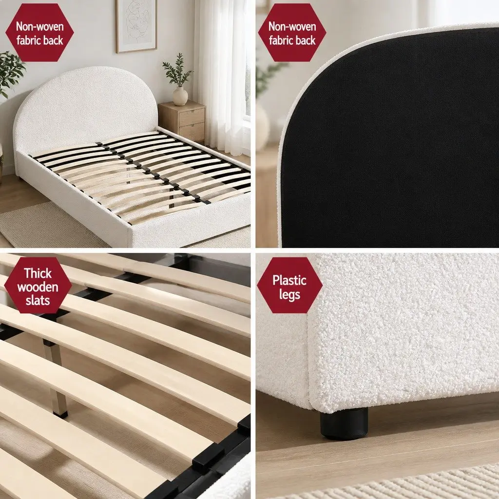 Double Bed Frame Boucle Fabric Beige Gas Lift Storage with Padded Headboard