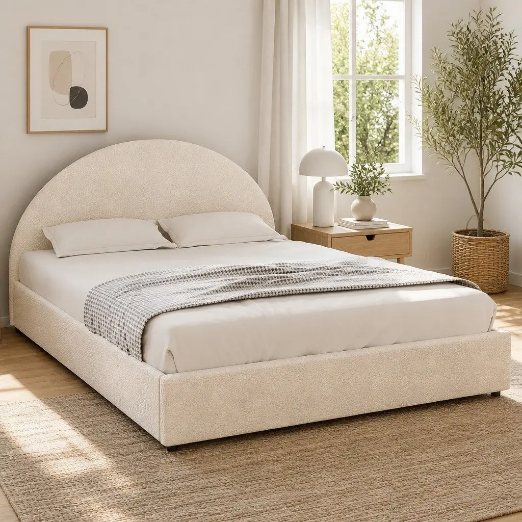 Double Bed Frame Boucle Fabric Beige Gas Lift Storage with Padded Headboard