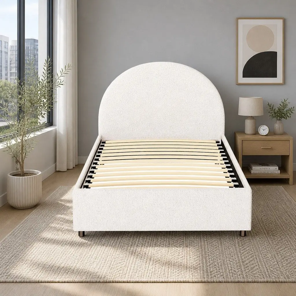 King Single Bed Frame Boucle Fabric Upholstered Beige