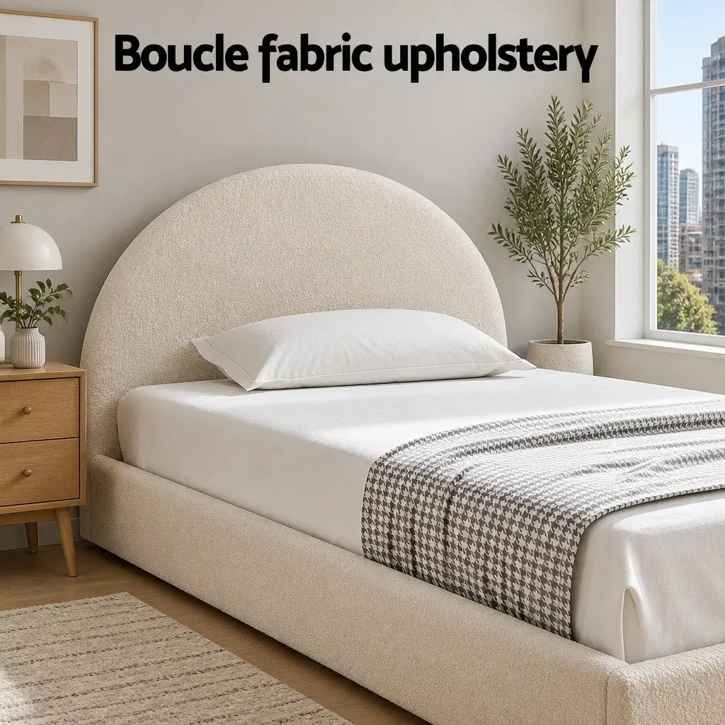 King Single Bed Frame Boucle Fabric Upholstered Beige