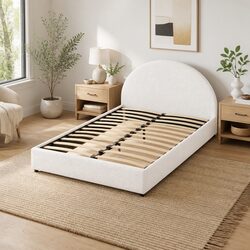 Queen Bed Frame with Gas Lift Storage in Boucle Fabric