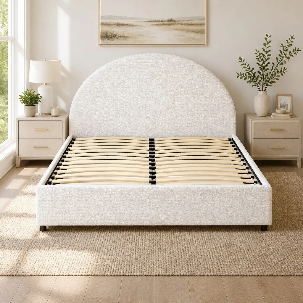 Queen Bed Frame Boucle Upholstered Padded Gas Lift Storage Beige