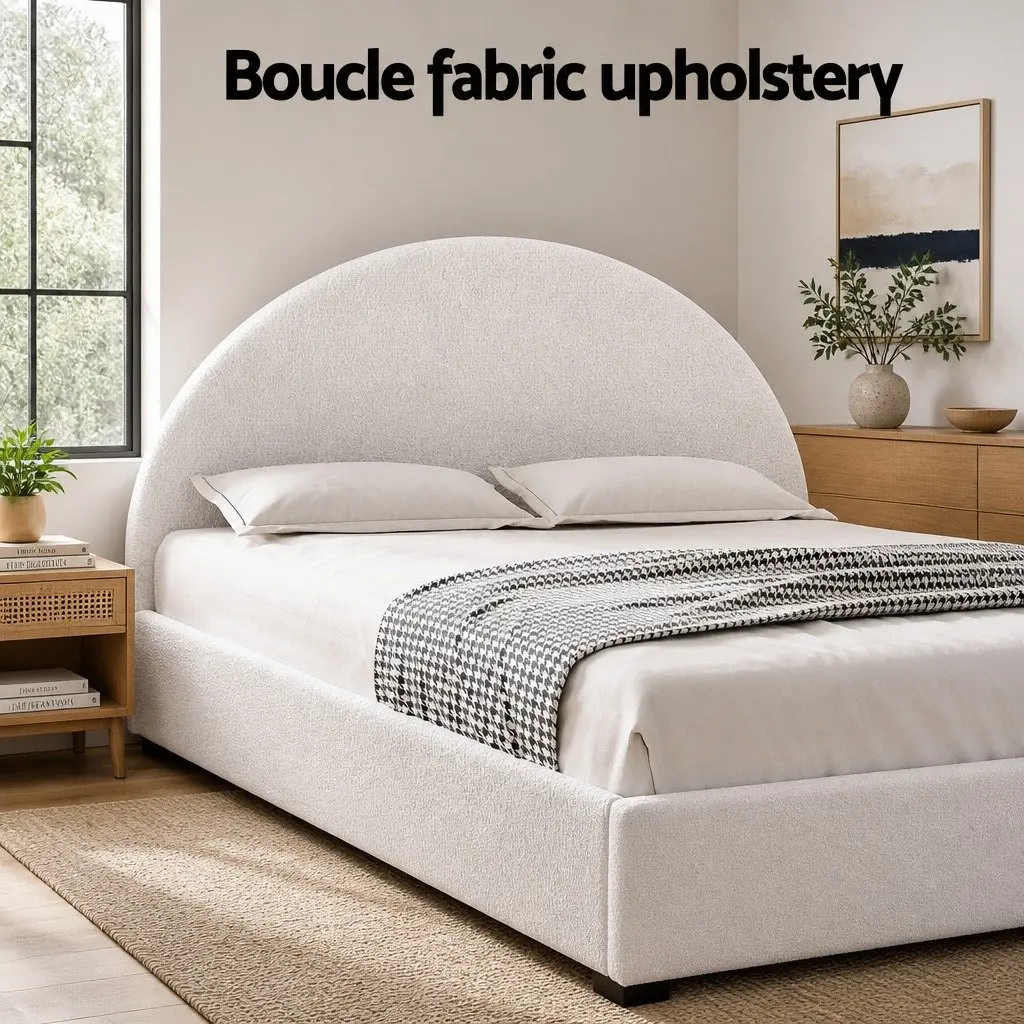 Queen Bed Frame Boucle Upholstered Padded Gas Lift Storage Beige