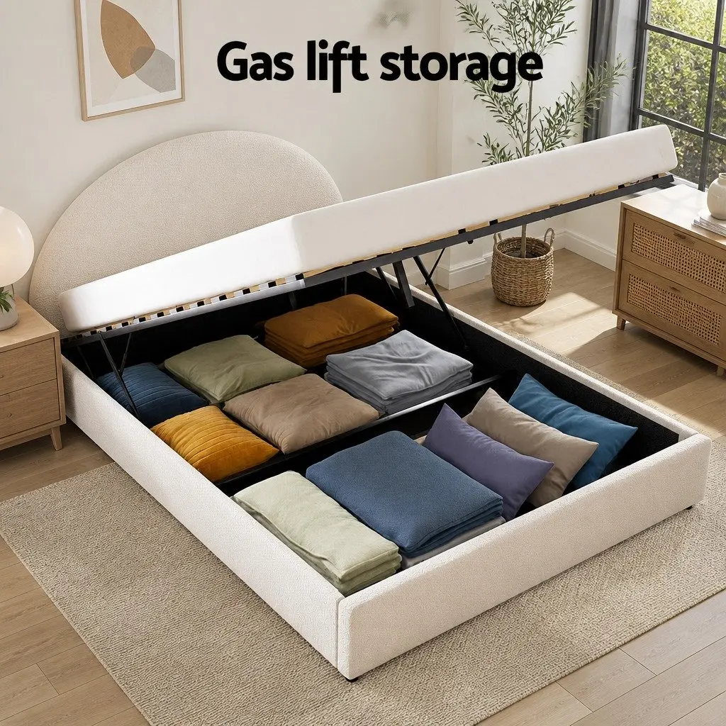 Queen Bed Frame Boucle Upholstered Padded Gas Lift Storage Beige