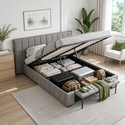 Double Bed Frame Gas Lift Storage Upholstered Foldable Bench Grey Platform