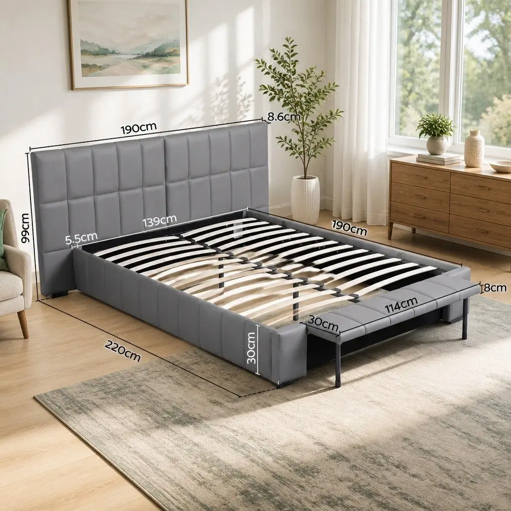 Double Bed Frame Gas Lift Storage Upholstered Platform Grey 147W x 220L x 99H cm
