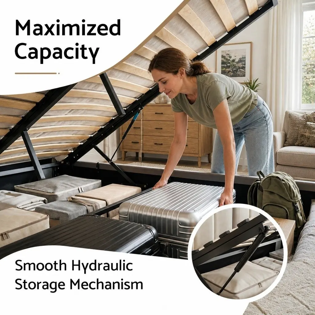 Double Bed Frame Gas Lift Storage Upholstered Platform Grey 147W x 220L x 99H cm