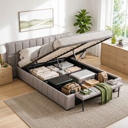 Gas Lift Queen Bed Frame with Foldable Storage Bench