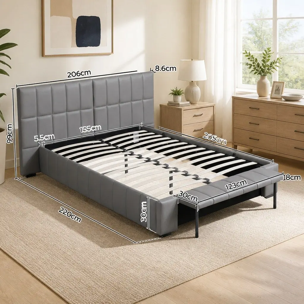 Queen Bed Frame Upholstered PVC Leather Grey Gas Lift Storage Platform Bed with Foldable Bench