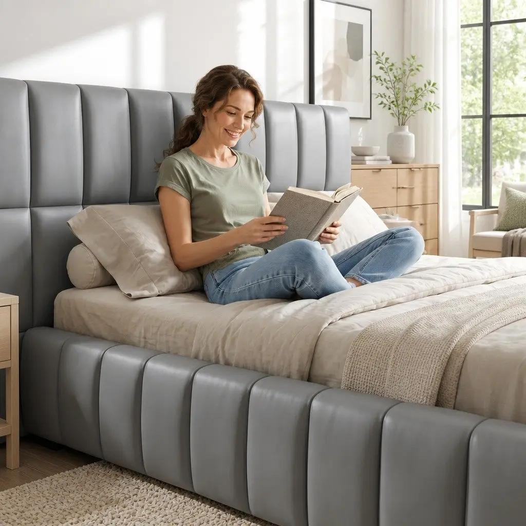 Queen Bed Frame Upholstered PVC Leather Grey Gas Lift Storage Platform Bed with Foldable Bench