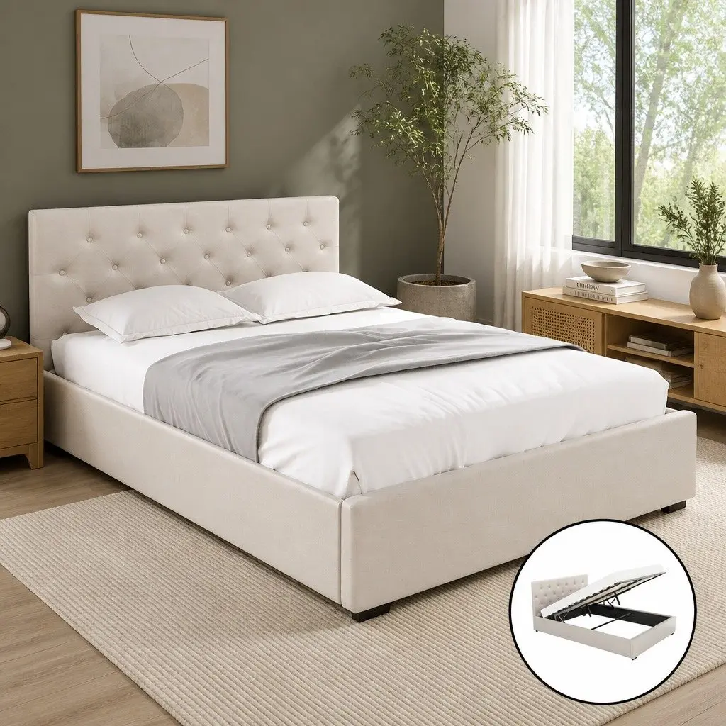 Double Bed Frame Linen Fabric Gas Lift Storage Beige 203cm x 144cm x 99cm