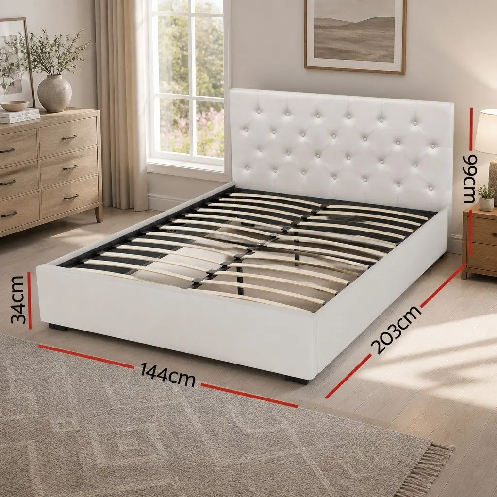 Double Bed Frame Linen Fabric Gas Lift Storage Beige 203cm x 144cm x 99cm
