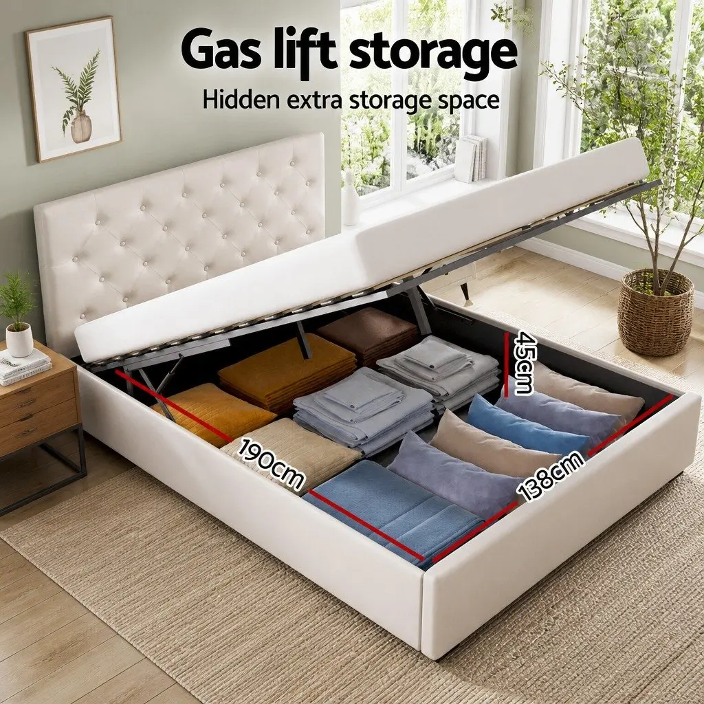Double Bed Frame Linen Fabric Gas Lift Storage Beige 203cm x 144cm x 99cm