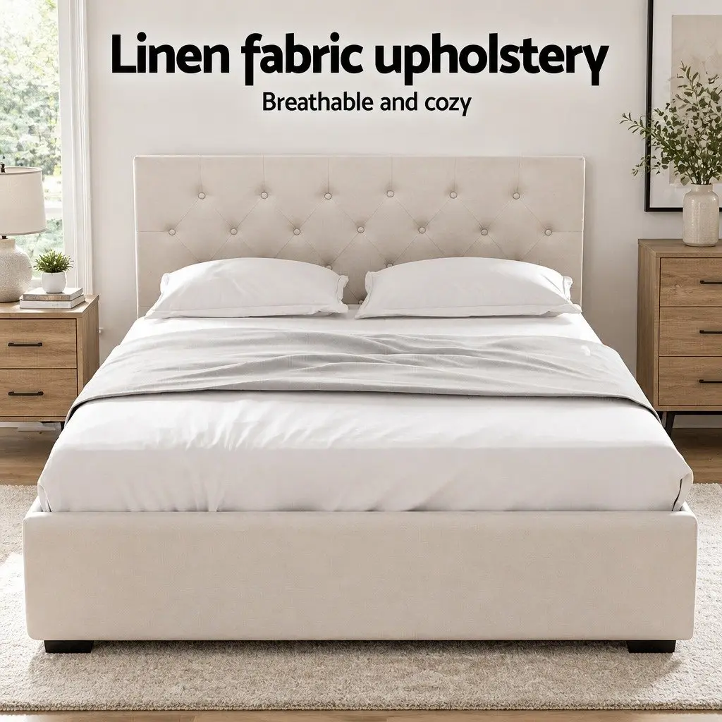 Double Bed Frame Linen Fabric Gas Lift Storage Beige 203cm x 144cm x 99cm