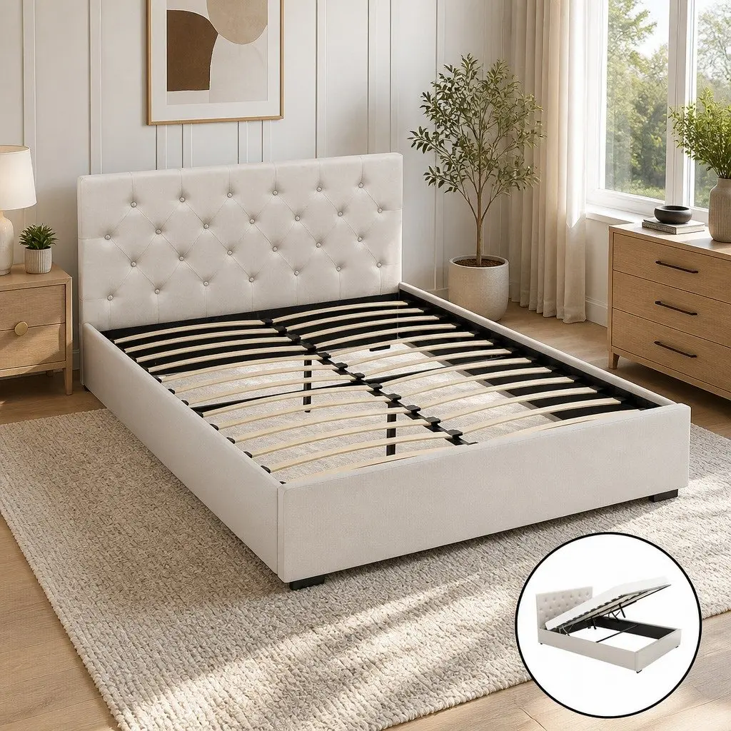 Double Bed Frame Linen Fabric Gas Lift Storage Beige 203cm x 144cm x 99cm