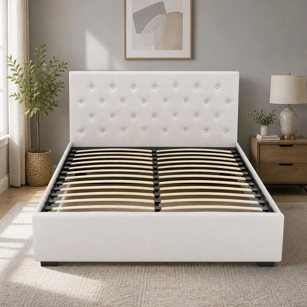 Beige Upholstered Queen Gas Lift Storage Bed Frame