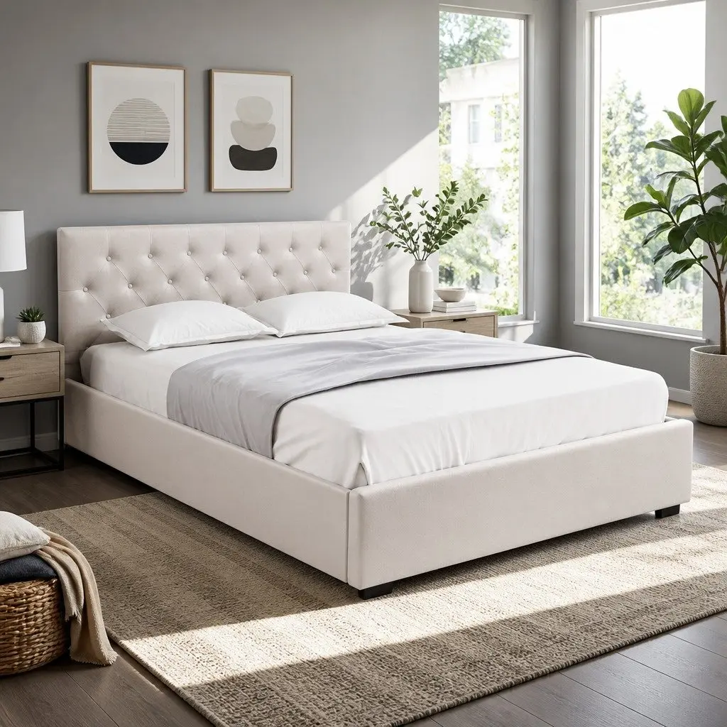 Beige Upholstered Queen Gas Lift Storage Bed Frame