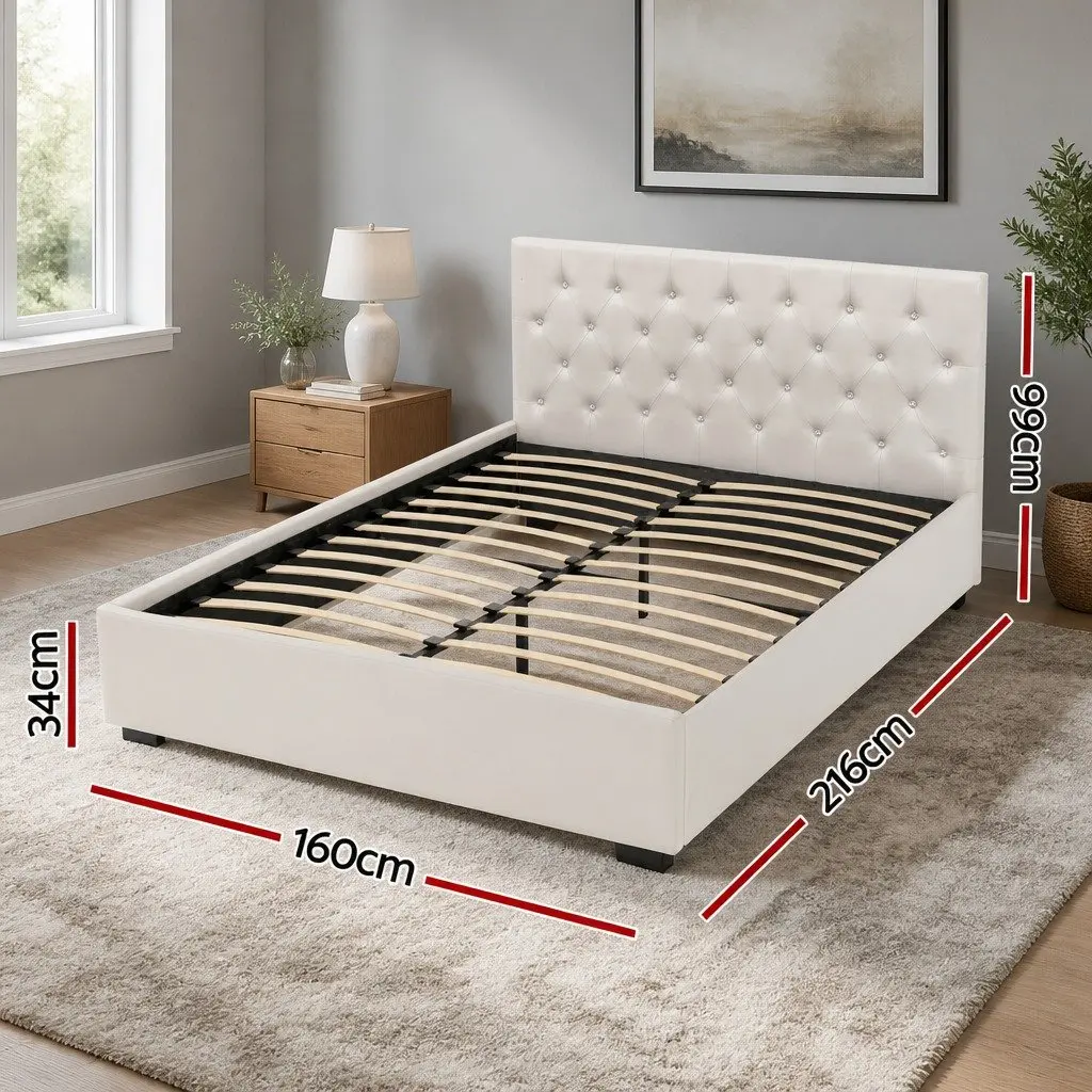 Beige Upholstered Queen Gas Lift Storage Bed Frame
