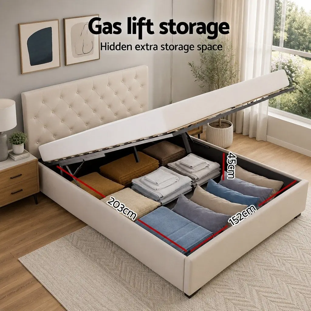 Beige Upholstered Queen Gas Lift Storage Bed Frame