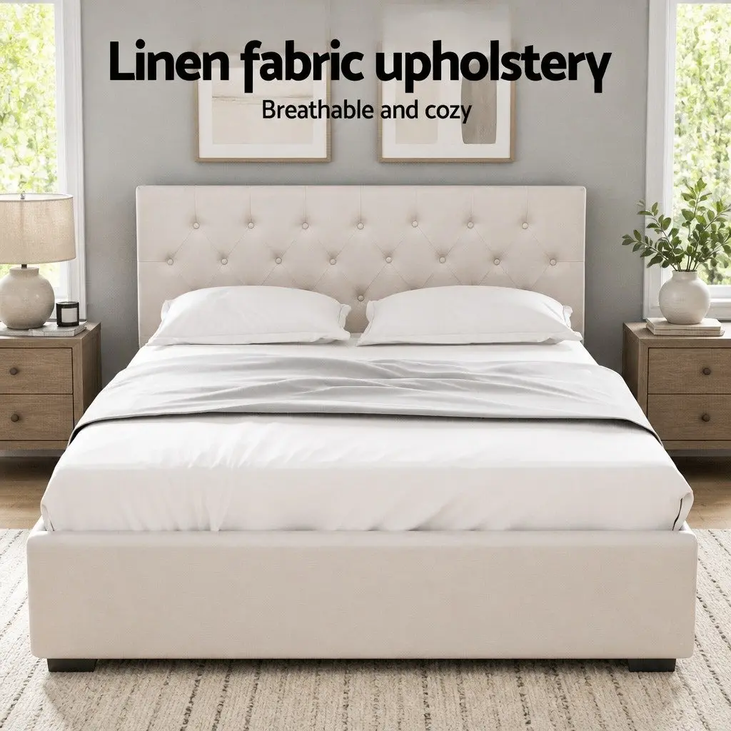Beige Upholstered Queen Gas Lift Storage Bed Frame