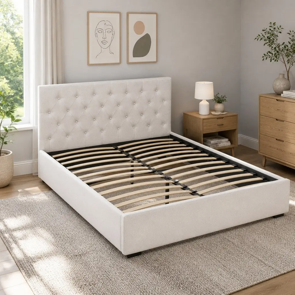 Beige Upholstered Queen Gas Lift Storage Bed Frame