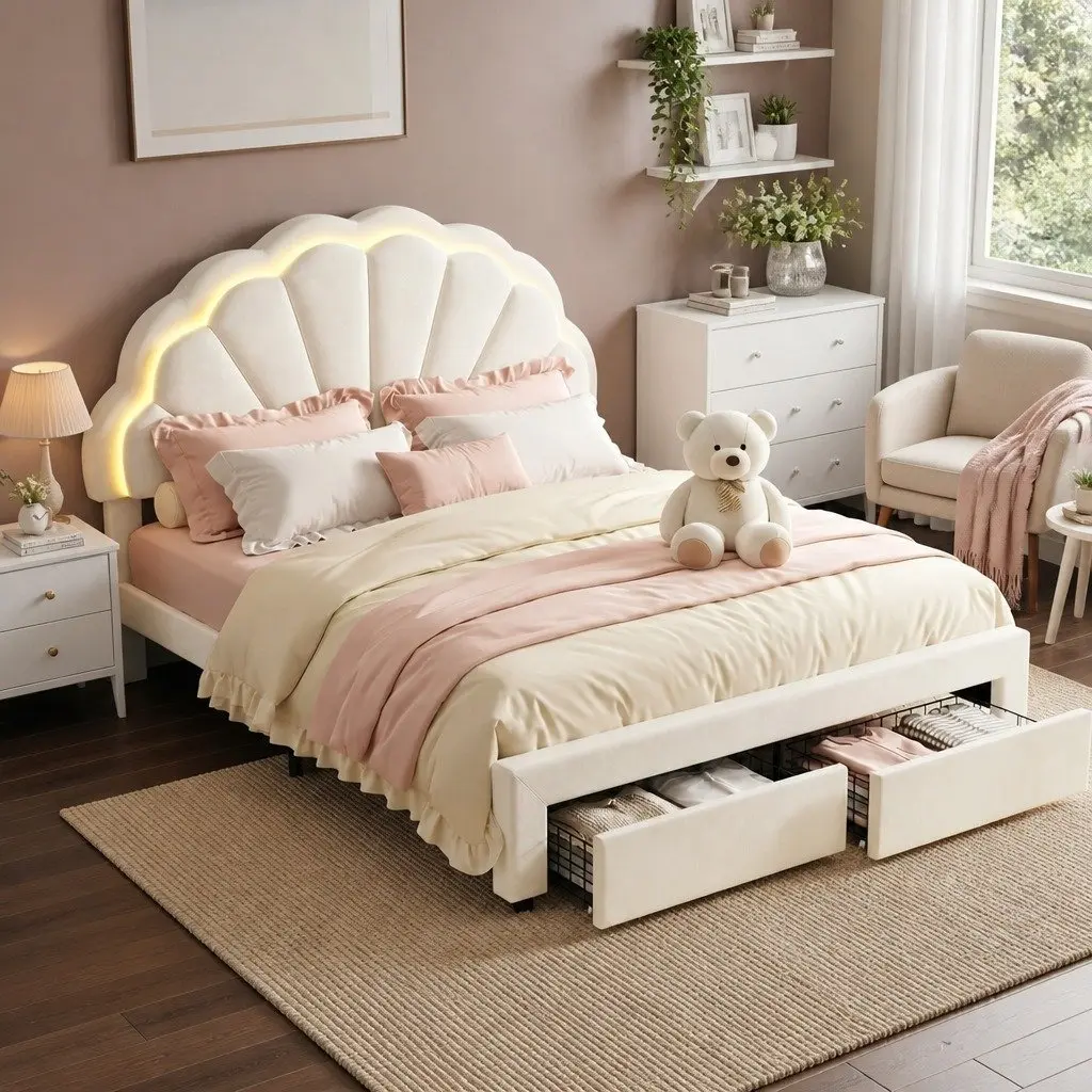 Double Bed Frame with LED Headboard and Storage