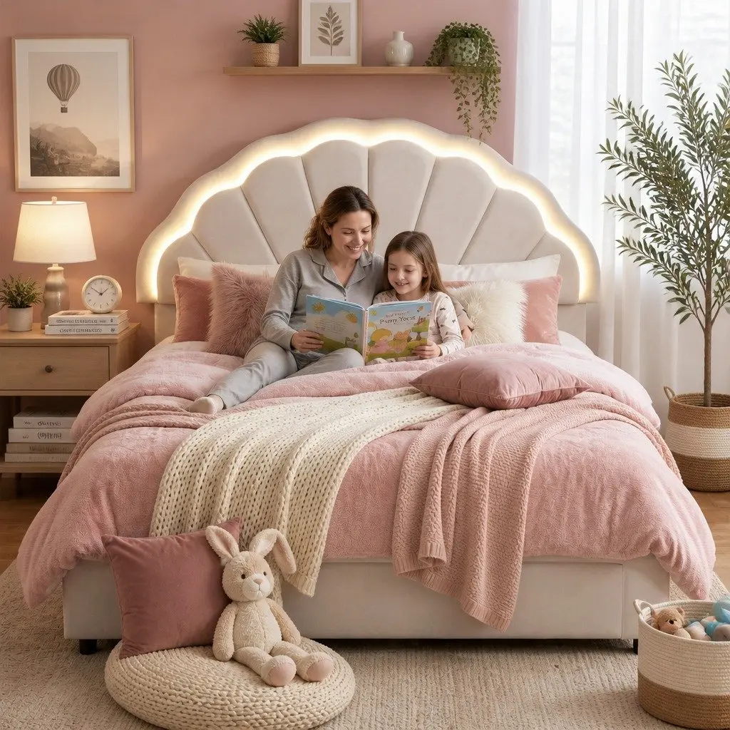 Double Bed Frame with LED Headboard and Storage