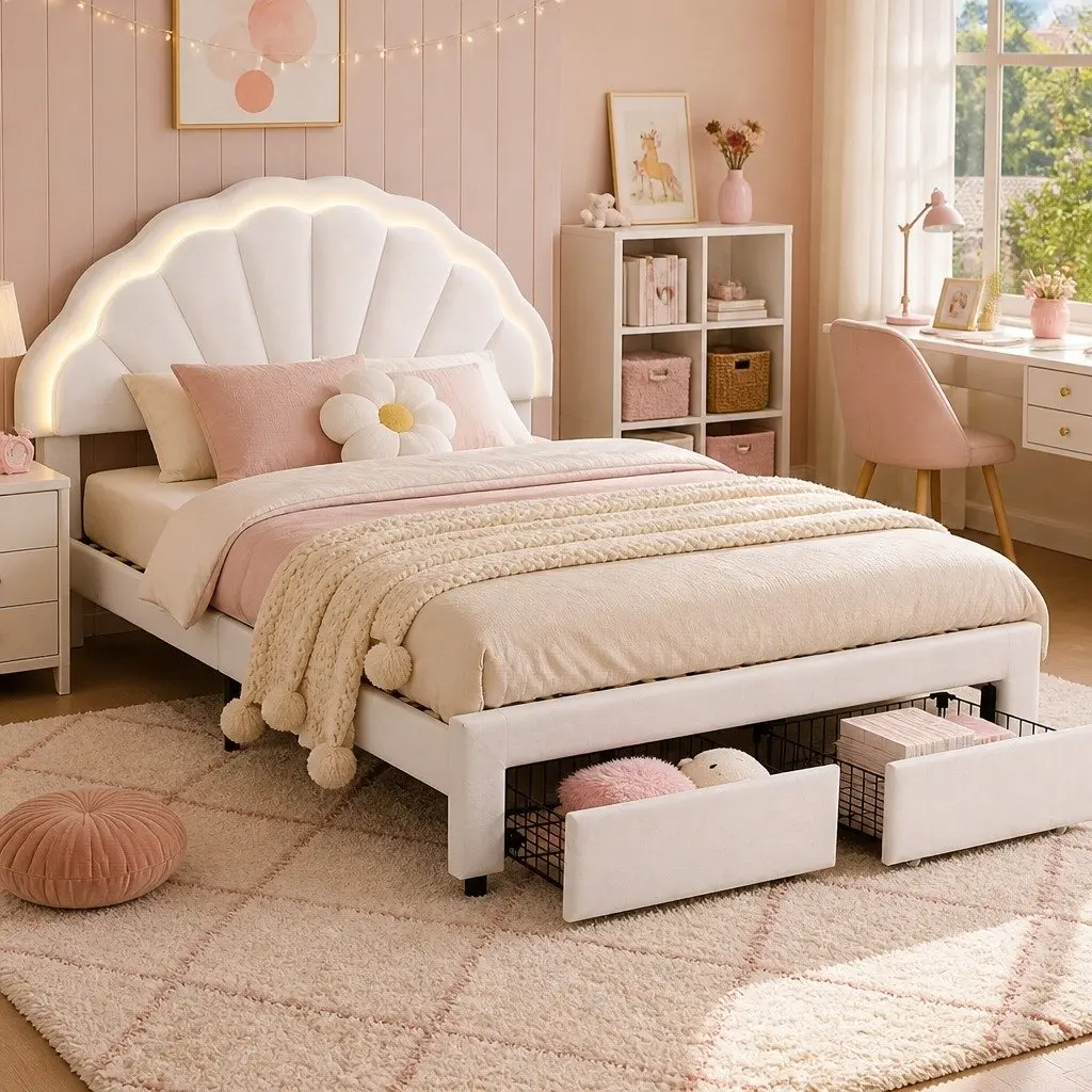 Double Bed Frame with LED Headboard and Storage