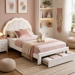 King Single Bed Frame with Storage Drawer LED Headboard Upholstered Platform