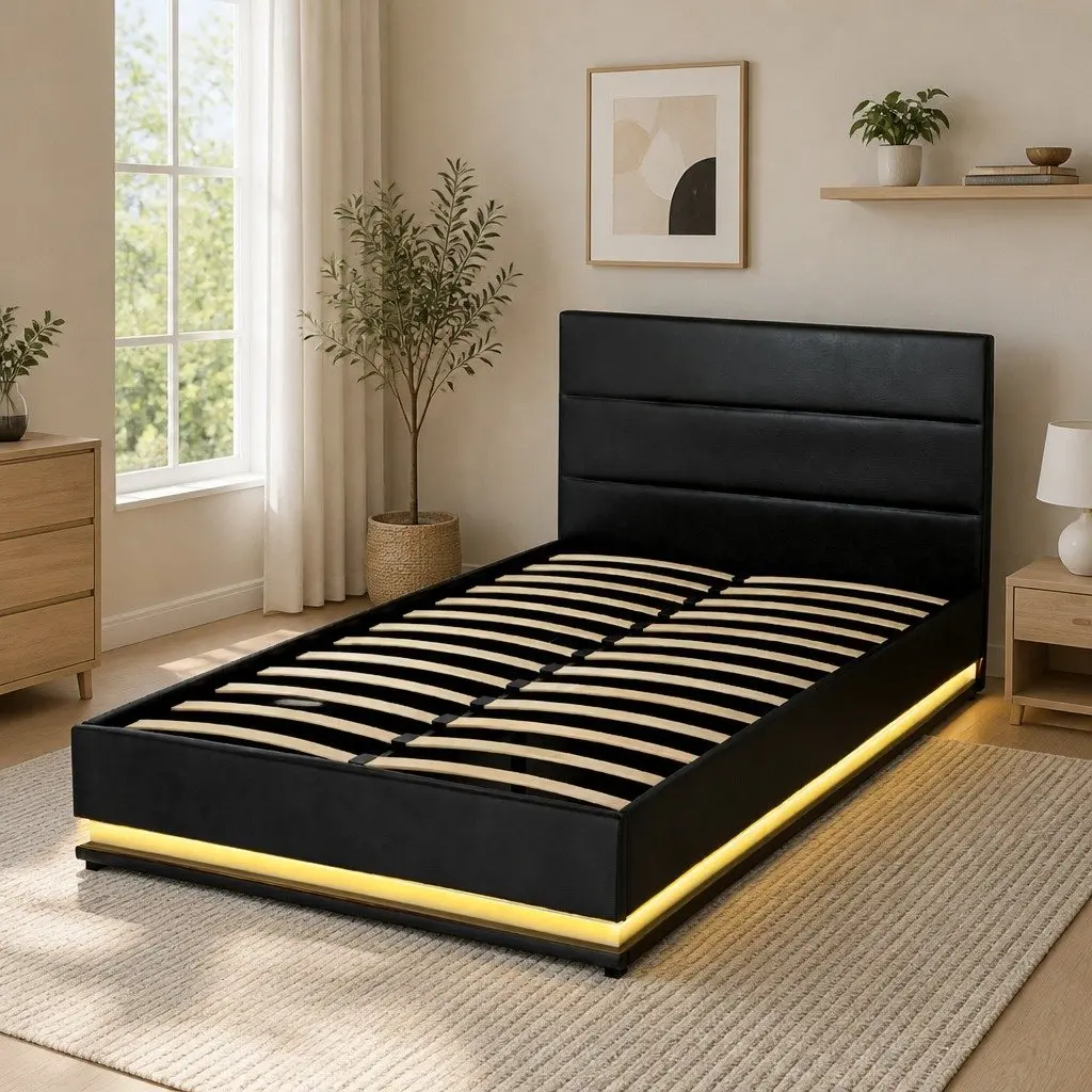 King Single Bed Frame with LED Lights & Storage