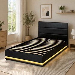 King Single Bed Frame Gas Lift Storage LED Lights Black Padded Headboard
