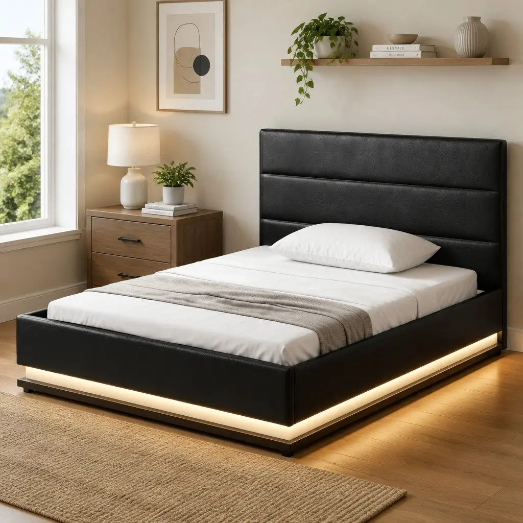 King Single Bed Frame with LED Lights & Storage