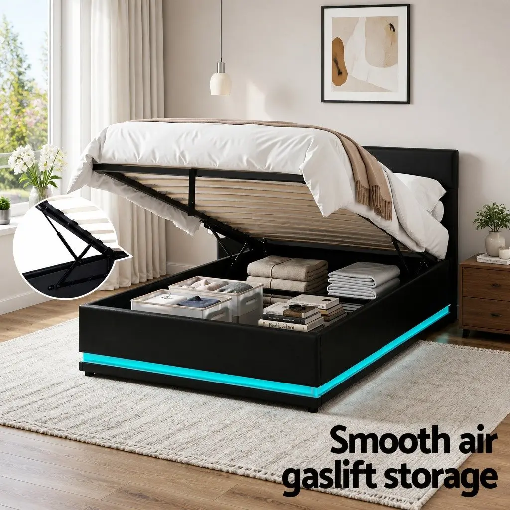 King Single Bed Frame with LED Lights & Storage
