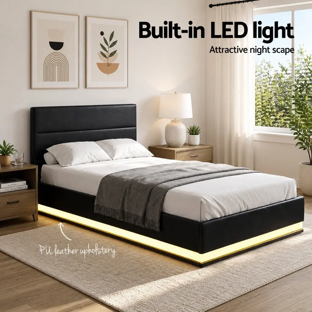King Single Bed Frame with LED Lights & Storage