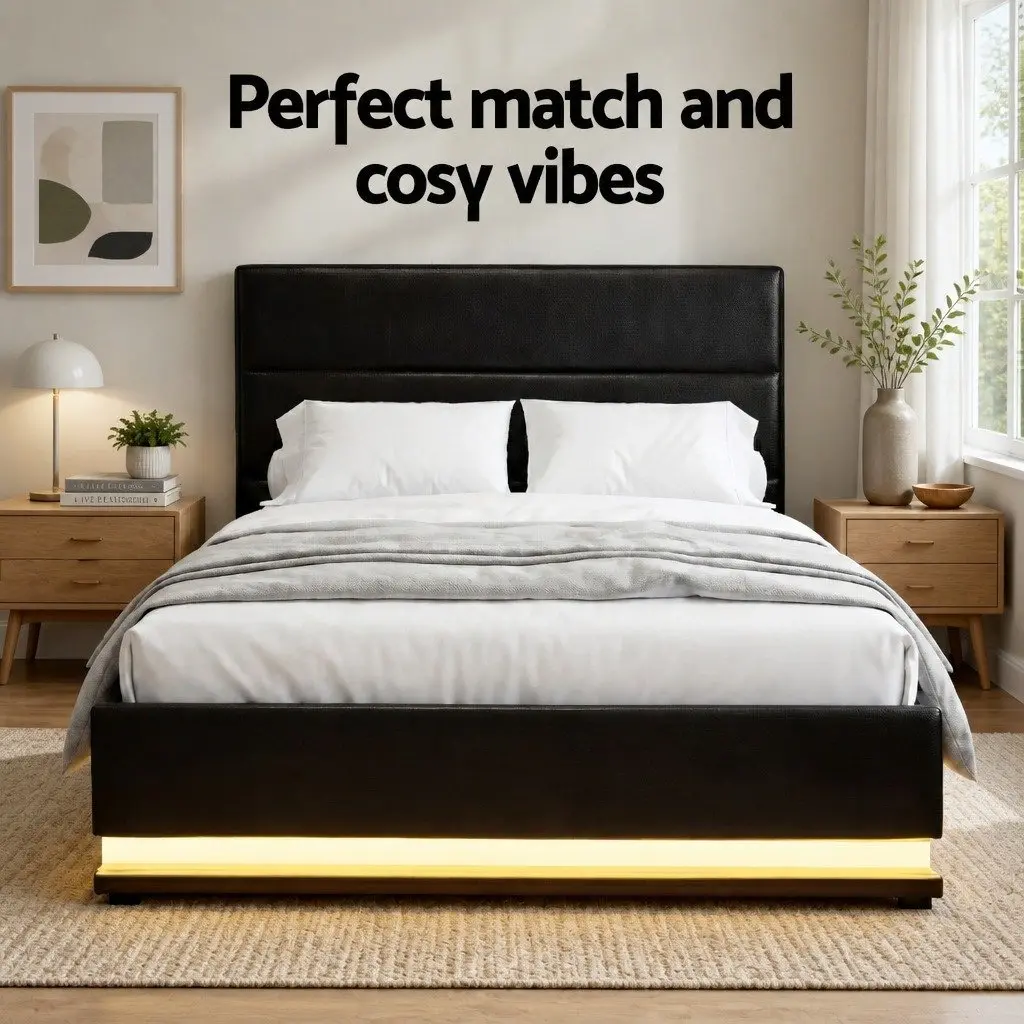 King Single Bed Frame with LED Lights & Storage