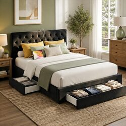 Premium Double Bed Frame with Storage & Charging Station