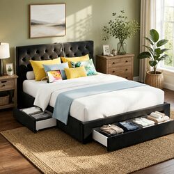 Queen Upholstered Bed Frame with Storage Drawers and Charging Station USB Type-C