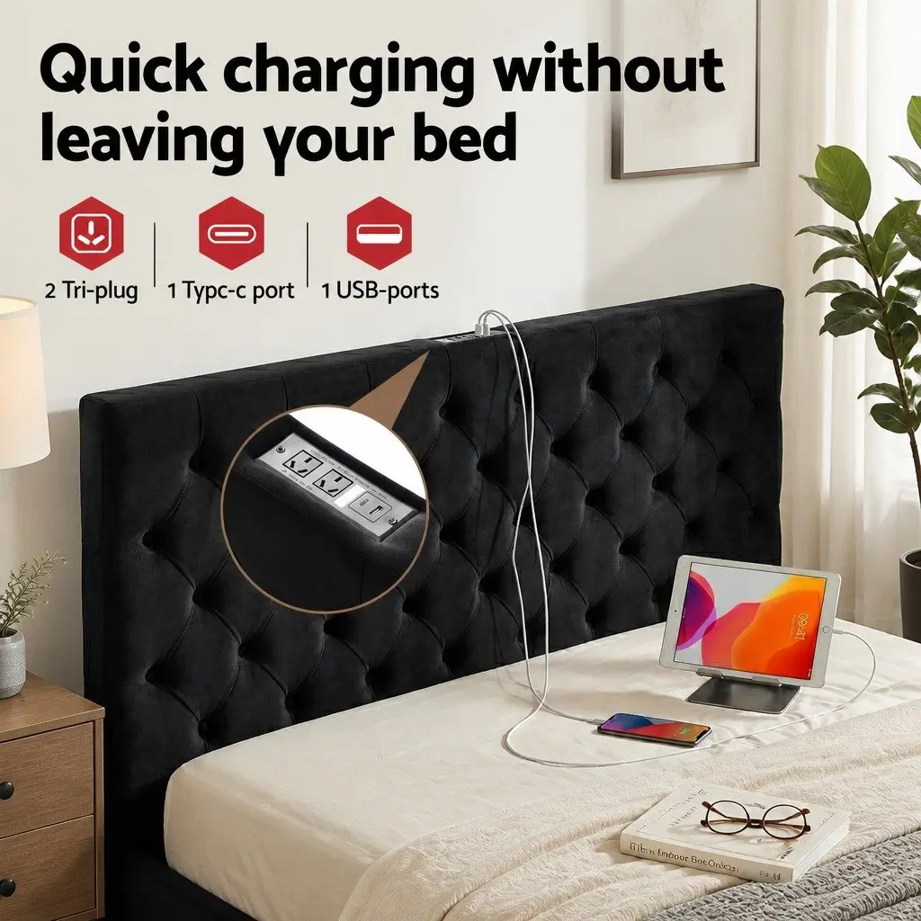 Queen Upholstered Bed Frame with Storage & USB Charging