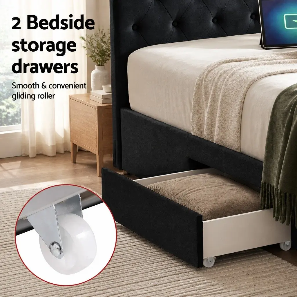 Queen Upholstered Bed Frame with Storage & USB Charging