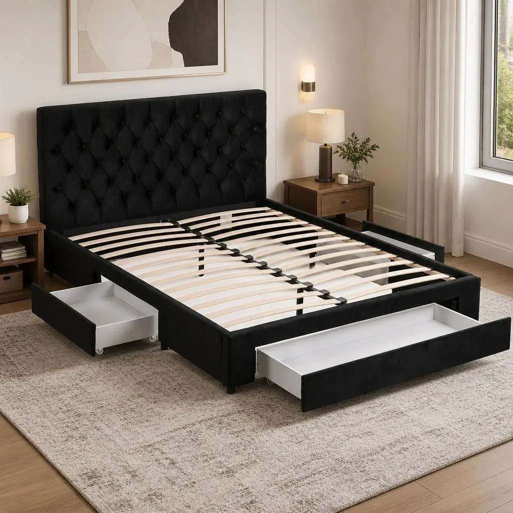 Queen Upholstered Bed Frame with Storage & USB Charging