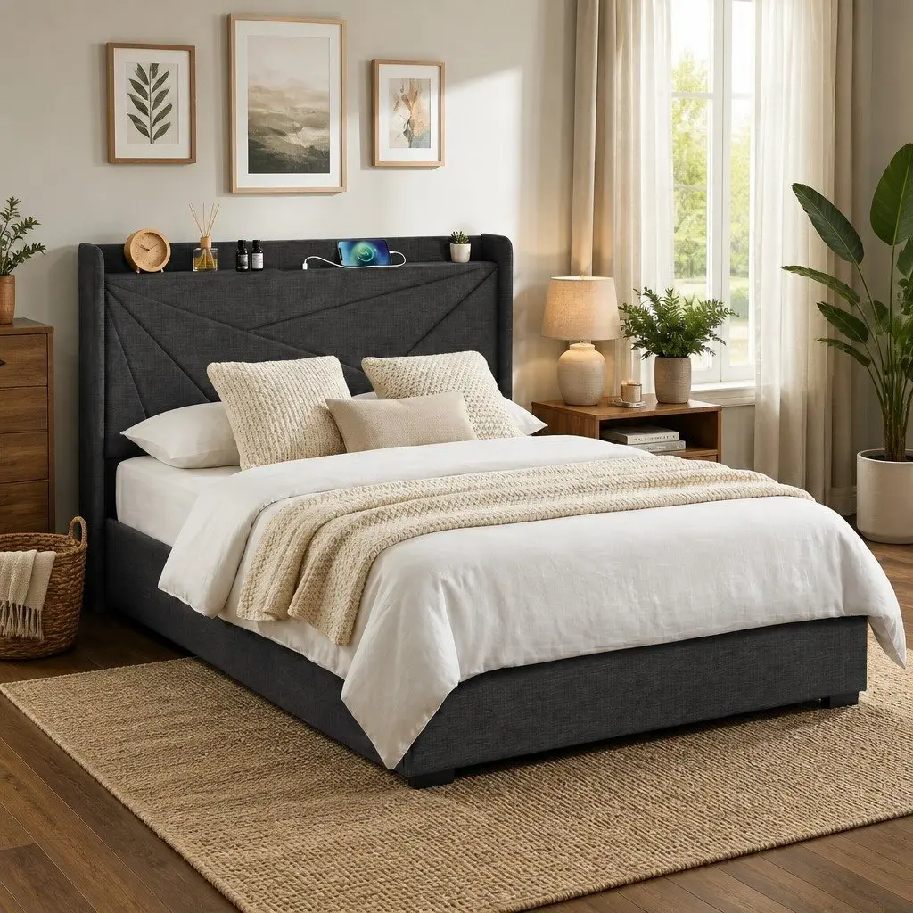 Gas Lift Double Bed Frame with Upholstered Headboard
