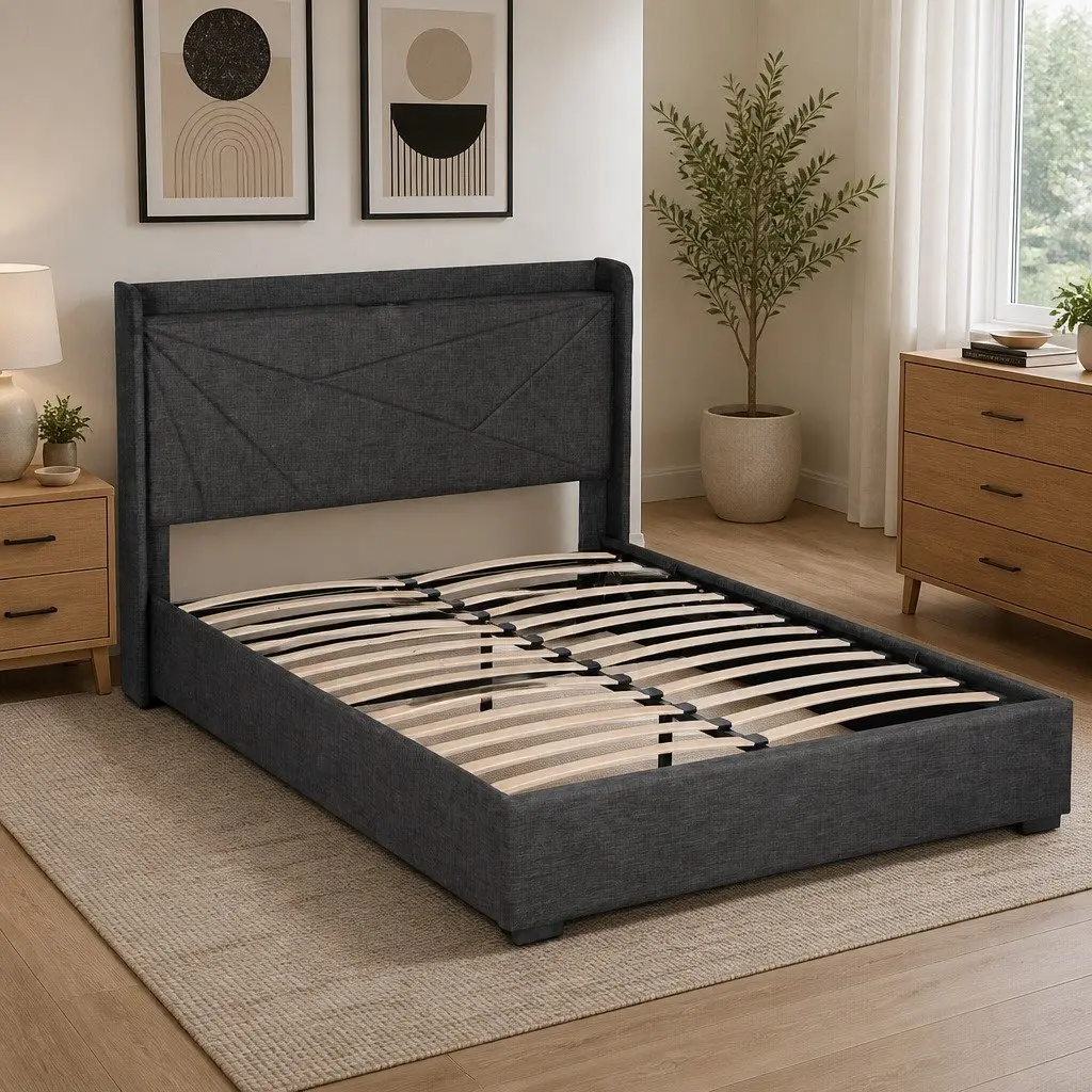 Gas Lift Double Bed Frame with Upholstered Headboard
