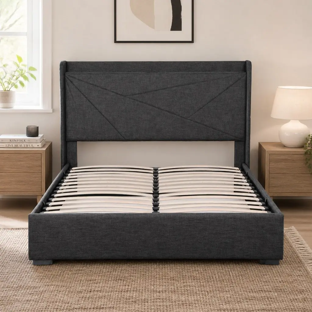 Gas Lift Double Bed Frame with Upholstered Headboard