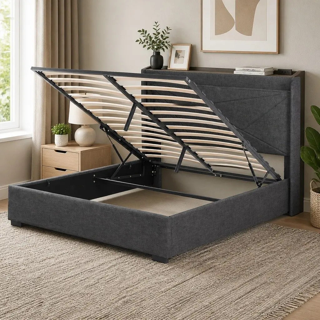 Gas Lift Double Bed Frame with Upholstered Headboard