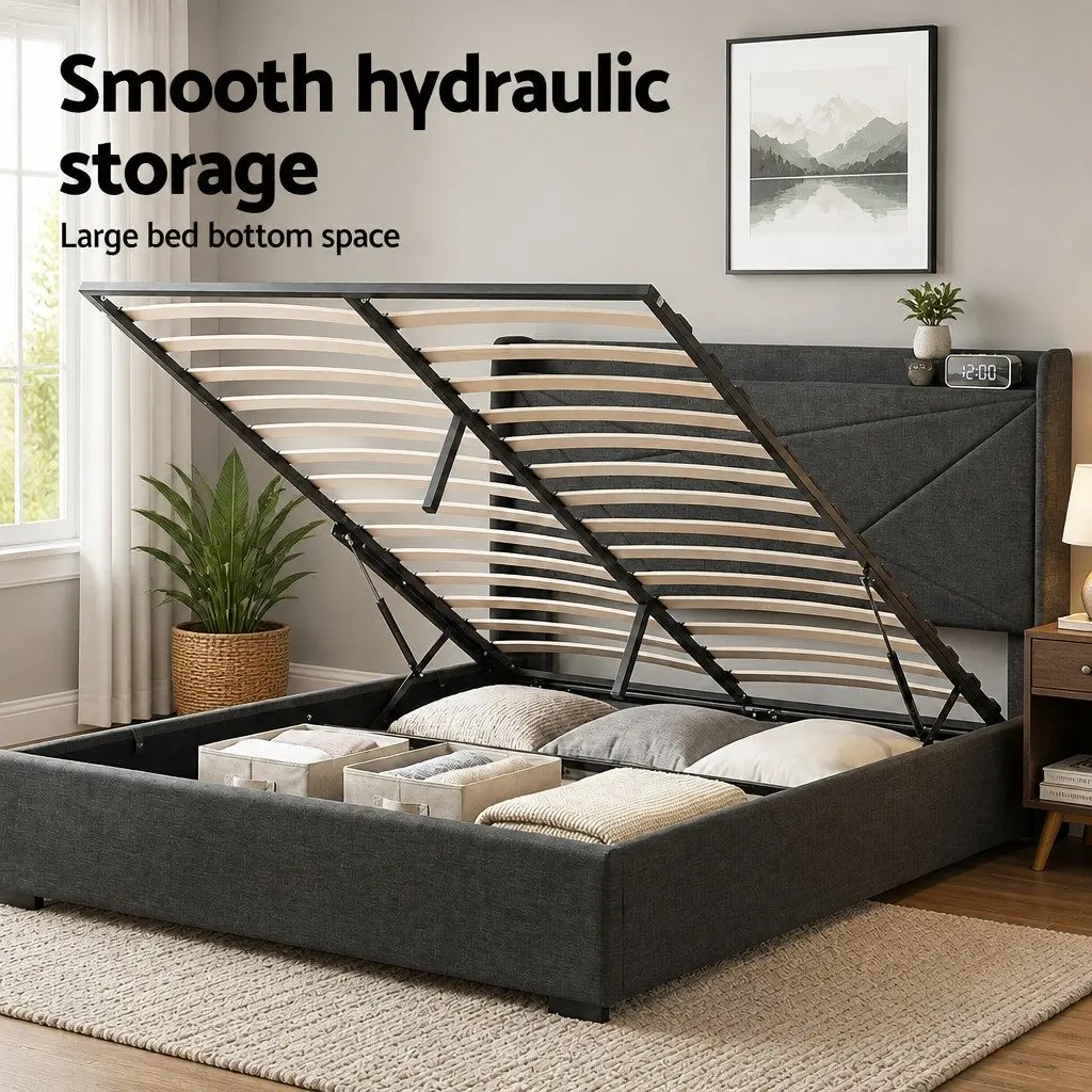Gas Lift Double Bed Frame with Upholstered Headboard