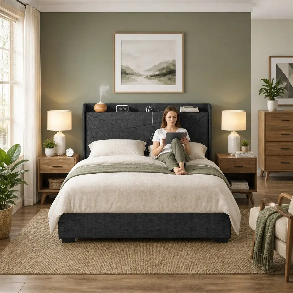 Gas Lift Double Bed Frame with Upholstered Headboard