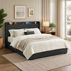 King Bed Frame with Gas Lift and Upholstered Headboard